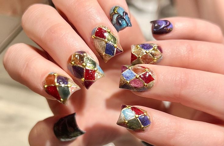 Close up of colorful whimsical nails
