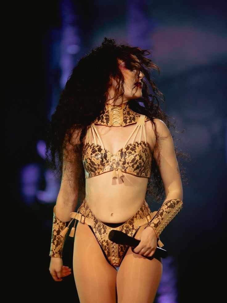 Person with long curly hair wearing a leopard-print two-piece outfit with matching arm sleeves and holding a microphone